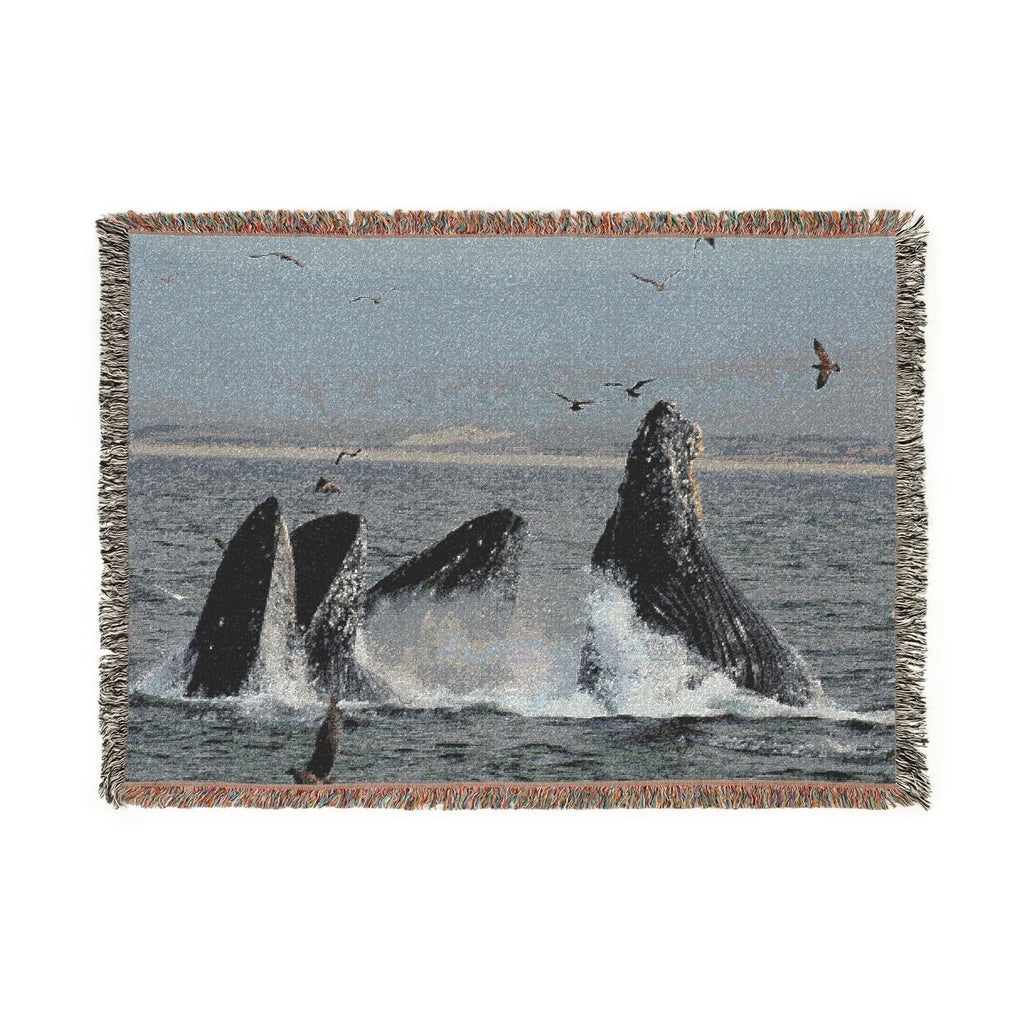 Humpback Whale Group Lunge Feed Woven Blanket - Ocean Scene Throw