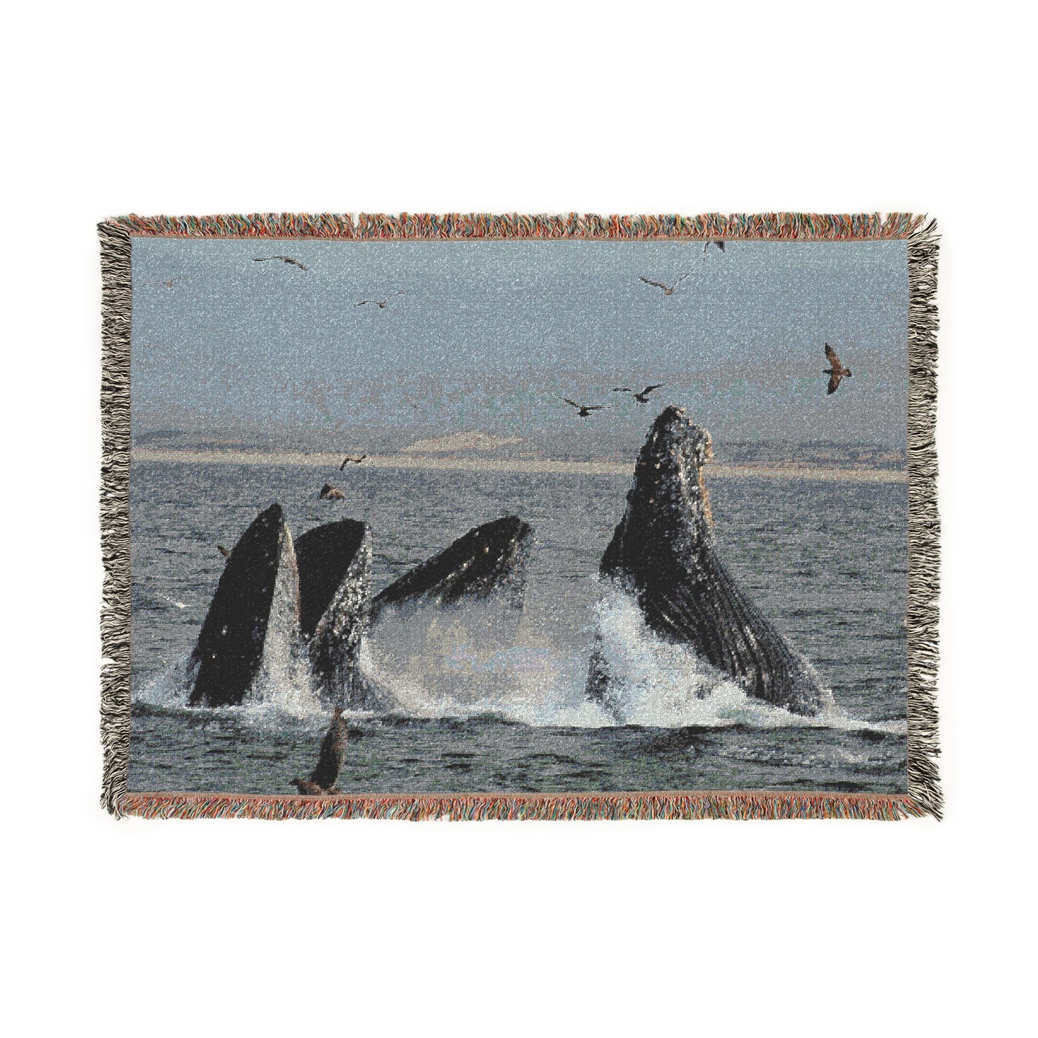 Humpback Whale Group Lunge Feed Woven Blanket - Ocean Scene Throw