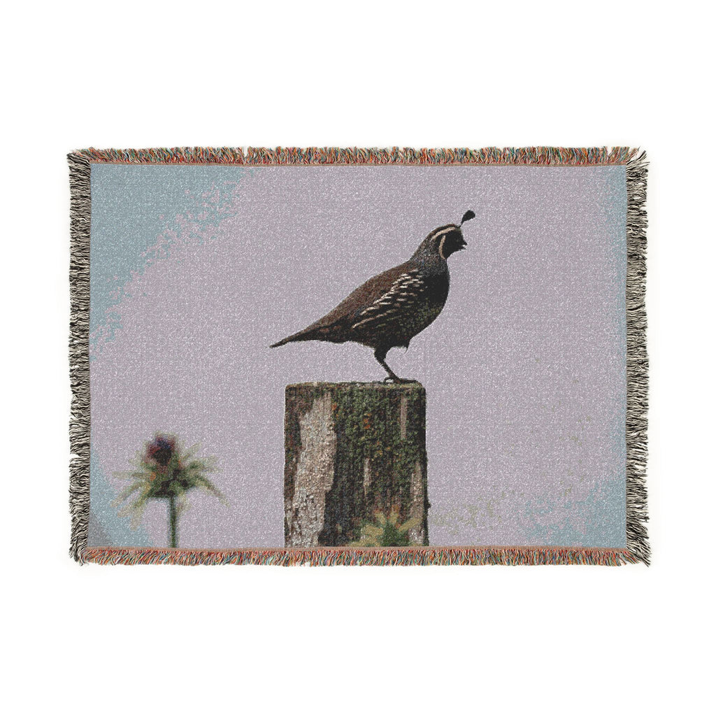 California Quail on post Woven Blanket