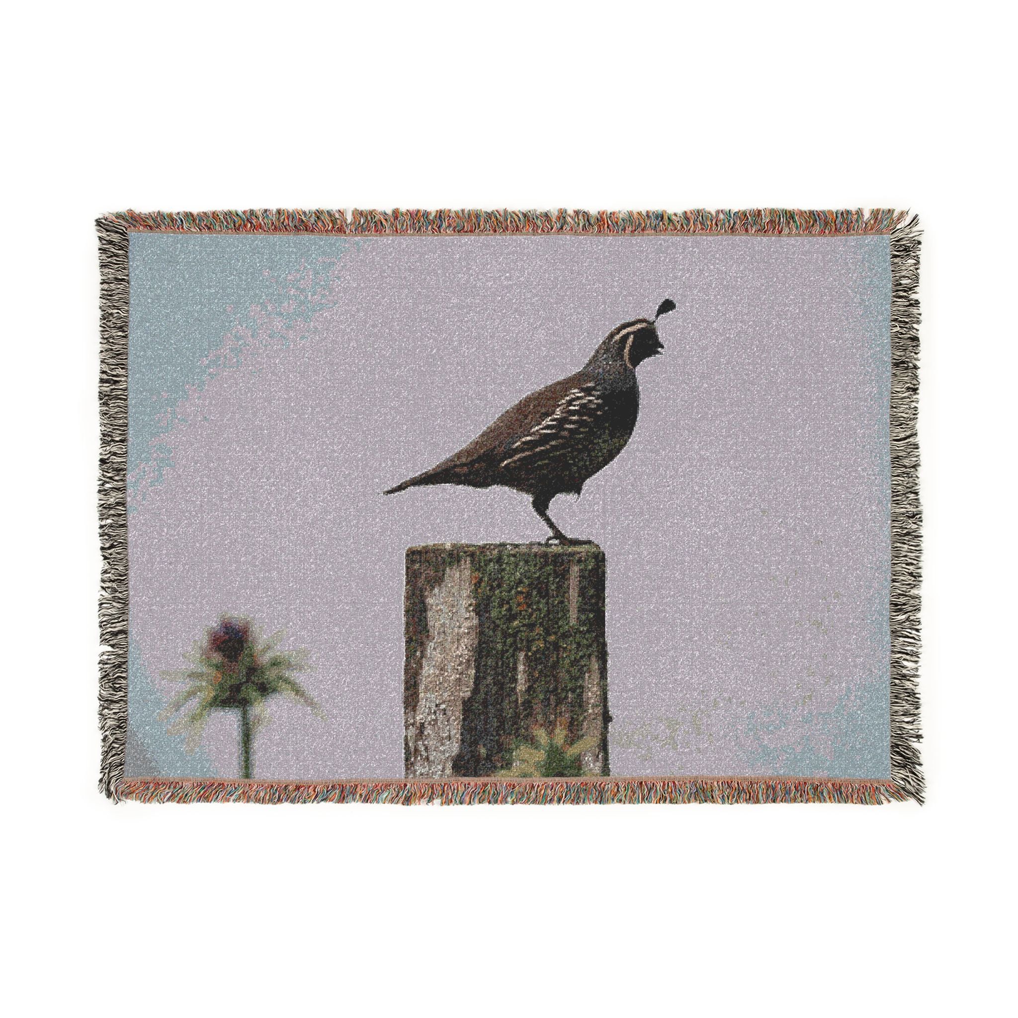 California Quail on post Woven Blanket
