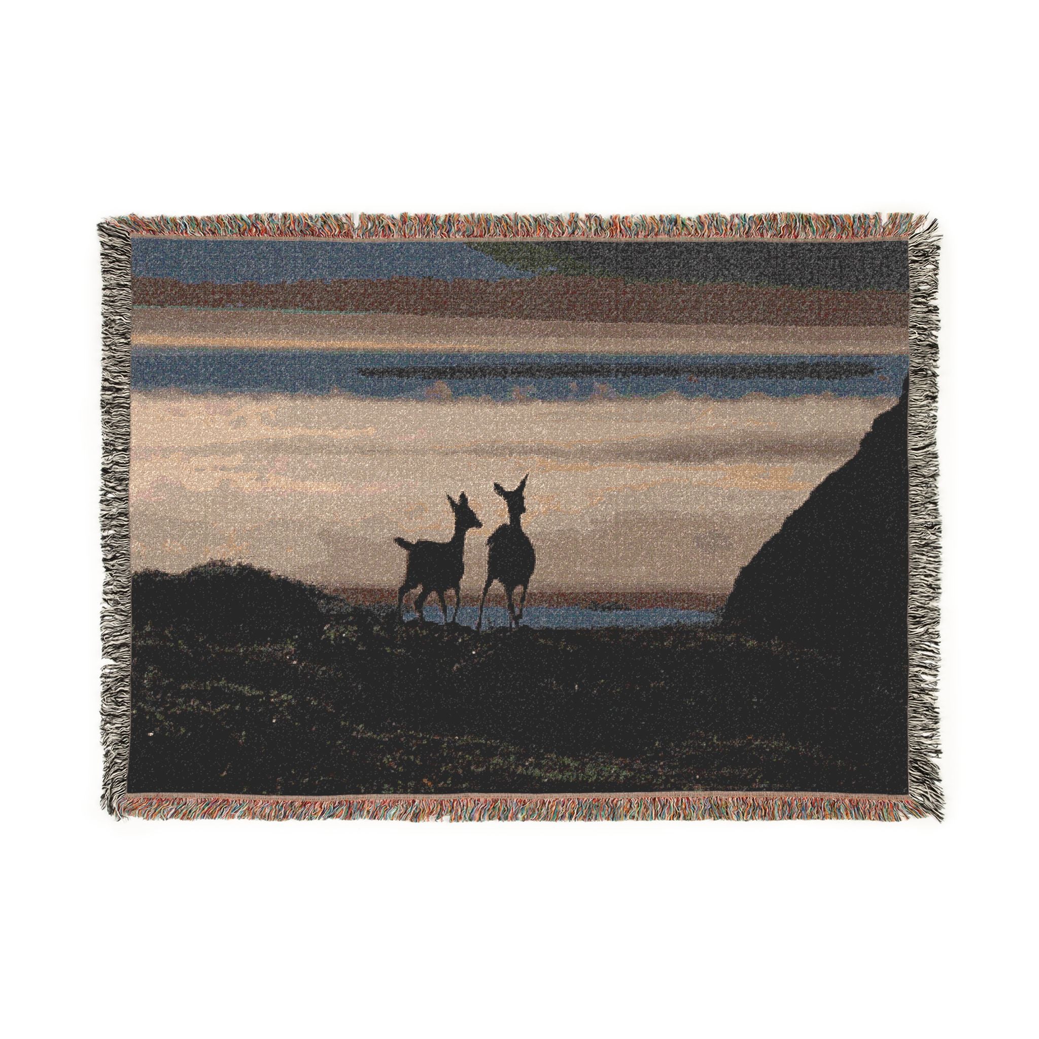 Deer at Dusk Woven Blanket — Scenic Woodland Throw for Cozy Home & Cabin Decor